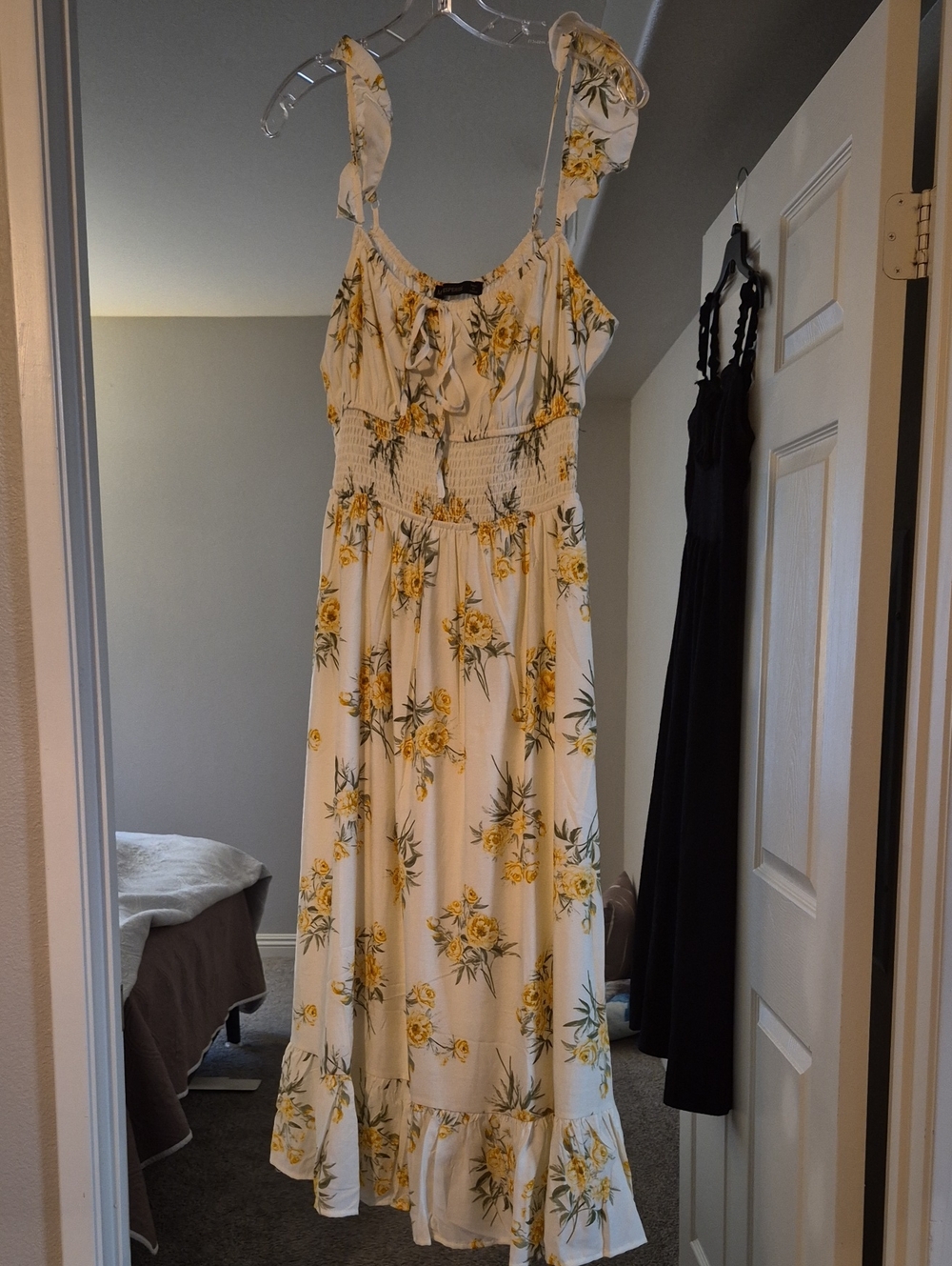 Smocked Ruffle-Strap Maxi Dress in Yellow Floral Print